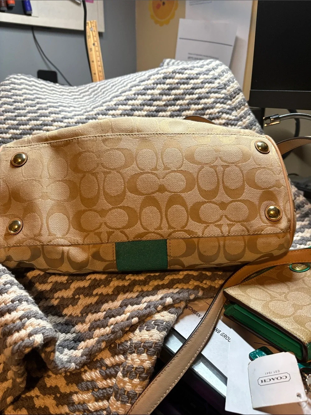 VCG Coach Tan Signature Nancy Satchel Bag with Teal Stripe